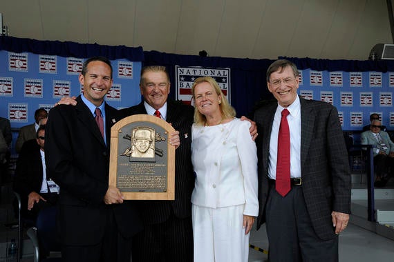 Bud Selig (far right), with Hall of Fame President Jeff Idelson (far left), Whitey Herzog (center left) and Chairman of the Board Jane Forbes Clark (center right) at Herzog's induction in 2010. (Milo Stewart Jr. / National Baseball Hall of Fame)