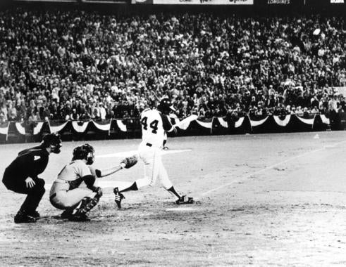 Hank Aaron hit his 715th home run before a sellout crowd of 53,775 at Atlanta-Fulton County Stadium. - BL-5509.75 (National Baseball Hall of Fame Library)