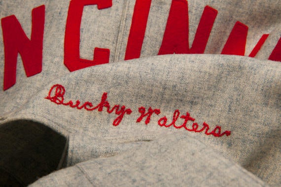 A sample 1946 Cincinnati Reds road jersey. “Bucky Walters” is sewn on the front shirt tail. B-16.90 (Milo Stewart, Jr. / National Baseball Hall of Fame Library)