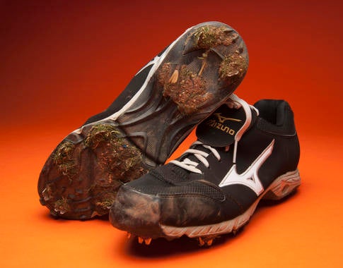 In Game Seven, Giants reliever Jeremy Affeldt earned the win wearing these shoes, pitching 2.1 innings while surrendering no runs and just one hit. The veteran lefty also won the pennant-clinching game in the NLCS and threw 11.2 scoreless innings in the postseason, where he appeared as early as the second inning and as late as the 10th. - B-183-2014 (Milo Stewart, Jr./National Baseball Hall of Fame)