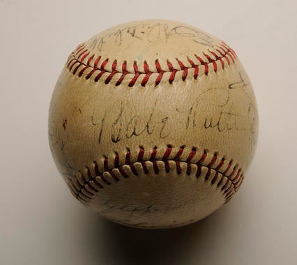 Originally presented to Dr. Herbert Bowles of St. Luke’s Hospital in Tokyo, this baseball bears the autographs of numerous players who participated in the 1934 American baseball tour to Japan. - B-266-2001 (Milo Stewart, Jr./National Baseball Hall of Fame Library)