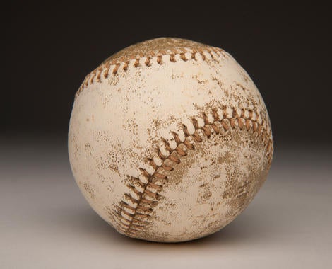 A baseball from the 1905 World Series between the New York Giants and Philadelphia Athletics. The ball was donated by Dahlen, the Giants shortstop, and his brother. B-464.65 (Milo Stewart, Jr. / National Baseball Hall of Fame)