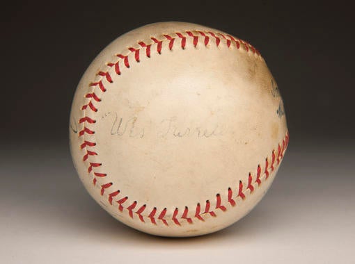 A baseball signed by Wes Ferrell, Joe Cronin, Jimmie Foxx, and Lefty Grove. B-622.75 (Milo Stewart, Jr. / National Baseball Hall of Fame)