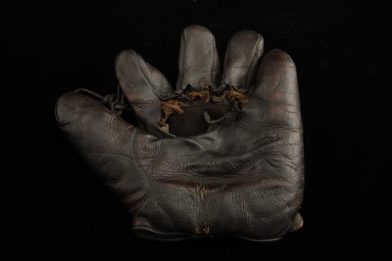 Glove used in 1927 season by Frankie Frisch to set a new major league record for assists and chances accepted at second base - B-399-51 (Milo Stewart Jr./National Baseball Hall of Fame Library)