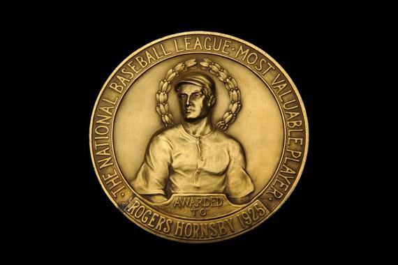 Three inch medal for the 1925 National League Most Valuable Player, awarded to Rogers Hornsby - B-58-69 (Milo Stewart Jr./National Baseball Hall of Fame Library)