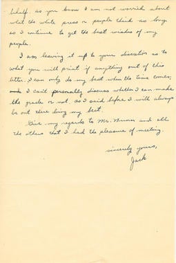 Jackie Robinson to Wendell Smith, October 31, 1945, page 2 - 001BL-1009-2001b (National Baseball Hall of Fame Library) <a href='http://bhof-staging.cogapp.com/node/456'>Detailed Image</a> 
