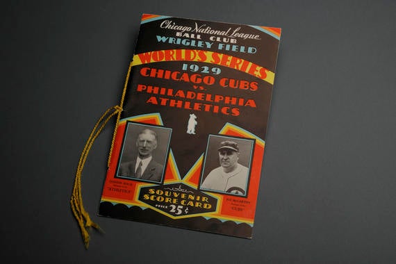 1929 World Series program featuring Athletics manager Connie Mack and Cubs manager Joe McCarthy - BL-446-39 (National Baseball Hall of Fame Library)