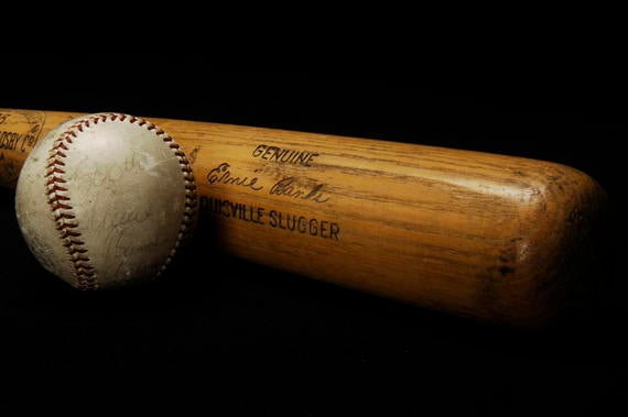 Bat (B-137.70) used by Ernie Banks to hit his 500th career home run - and the ball (B-127.70) he hit out of the park - on May 12, 1970. Banks became just the ninth player to reach the 500 home run mark.  (Milo Stewart Jr./National Baseball Hall of Fame)