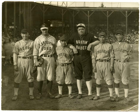 Johnny Nakagawa, Lou Gehrig, Kenichi Zenimura, Babe Ruth, Fred Yoshikawa, and Harvey Iwata at an exhibition barnstoriming game at Fresno's Fireman's Ballpark on October 29, 1927. BL-5487.88