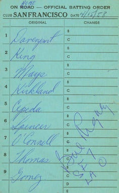 This lineup card (front) from Giants manager Bill Rigney was used on April 15, 1958 in the first game played by the Giants and Dodgers after they moved to California. - B-2524-63 (National Baseball Hall of Fame Library)