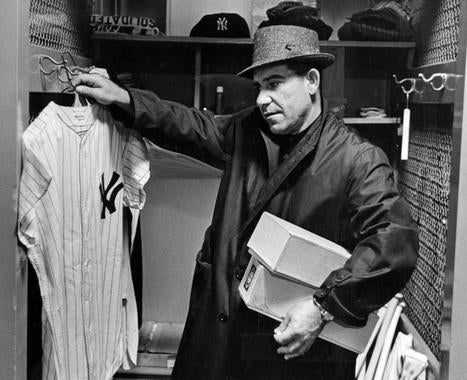 Yogi Berra, New York Yankees, at his locker in Yankee Stadium, April 10, 1961 - BL-4267-68 (National Baseball Hall of Fame Library)
