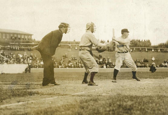 Roger Bresnahan, New York Giants, batting at the Polo Grounds in 1906 - BL-1461-68 (National Baseball Hall of Fame Library)
