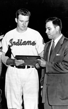 Lou Brissie receiving a plaque from Leo Schnieder President of the 83rd Infantry commemorating his service in the war. BL-2555.88 (National Baseball Hall of Fame Library)