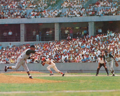 Lou Brock, St. Louis Cardinals, breaks for second base at Busch Stadium - BL-1283-72 (National Baseball Hall of Fame Library)