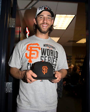Madison Bumgarner wore this cap during Games 1, 5 and 7 of the 2014 World Series en route to the Most Valuable Player Award. (Jean Fruth/National Baseball Hall of Fame Library)