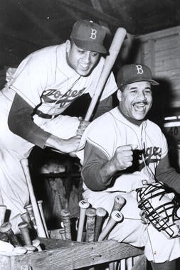 Don Newcombe, left, with Roy Campanella. BL-3824.72 (National Baseball Hall of Fame Library)