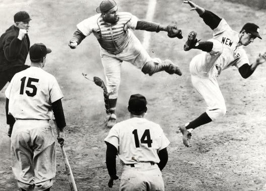 Roy Campanella and Billy Martin collide at home plate. BL-6845.90 (National Baseball Hall of Fame Library)