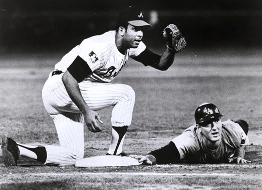 Atlanta Braves first baseman Orlando Cepeda tags the Dodgers Tom Haller in 1969 - BL-607-92 (National Baseball Hall of Fame Library)