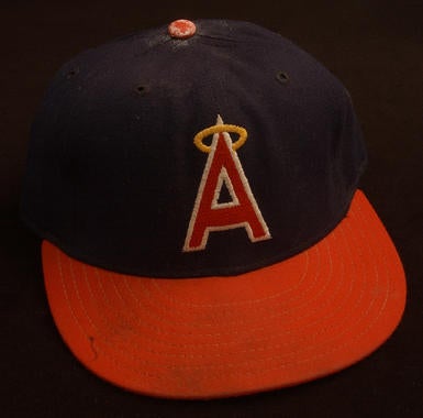 Angels cap worn by pitcher Don Sutton during his 700th start of career, September 7, 1986, against the New York Yankees at Anaheim Stadium. Sutton was the second pitcher in Major League history to reach 700 starts, after Cy Young - B-177-86 (Milo Stewart Jr./National Baseball Hall of Fame Library)