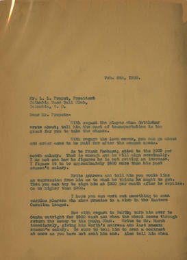 Page 1 - Letter dated Feburary 6, 1929, from Samuel Dreyfuss to L.L. Propst. Dreyfuss replies to Propst’s letter from February 1st regarding player transactions and contract terms. - BL-1061-2001 (National Baseball Hall of Fame Library)
