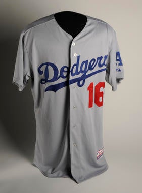 The Dodgers’ Andre Ethier wore this jersey on March 22, 2014 during his team’s game against the Arizona Diamondbacks in Sydney, Australia, when MLB opened the season Down Under. - B-77-2014 (Milo Stewart, Jr. / National Baseball Hall of Fame)