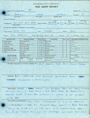 1976 Free Agent Report on Wade Boggs from Kansas City Royals scout, Tom Ferrick. BL-2346-2004 (National Baseball Hall of Fame Library)