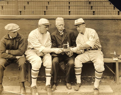 Dinty Gearin, Bill Rosy Ryan, Jim Mutrie, and Frankie Frisch, New York Giants, with Home Run King game - BL-3585-73 (National Baseball Hall of Fame Library)