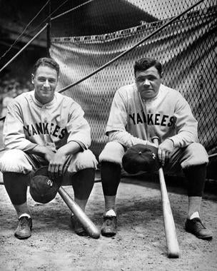 Lou Gehrig and Babe Ruth pose for a photo during the 1927 World Series. By the early 1930s, Gehrig would gradually succeed the aging Ruth as the New York Yankees’ dominant slugger. BL-1383-92 (Louis Van Oeyen / National Baseball Hall of Fame Library)