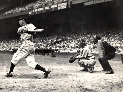 Detroit Tigers' Hank Greenberg batting in Detroit's Briggs Stadium, August 11, 1945 - BL-409-56 (National Baseball Hall of Fame Library)
