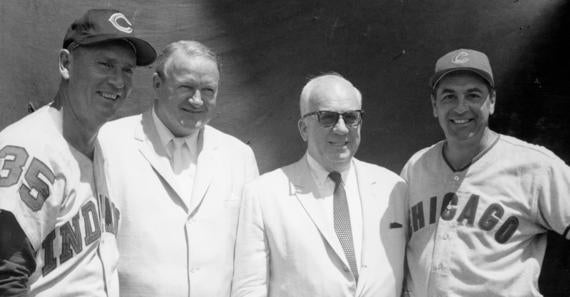 Four Hall of Famers gather at the 1960 Hall of Fame Game.  From Left to Right: Joe Gordon, Joe Cronin, Warren Giles, and Lou Boudreau. (National Baseball Hall of Fame Library)