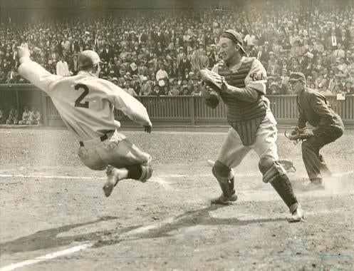 Chicago Cubs Catcher Gabby Hartnett prepares to tag Dick Bartell of the Philadelphia Phillies and prevent an inside-the-park home run, September 17, 1932 - BL-1519-68 (National Baseball Hall of Fame Library)