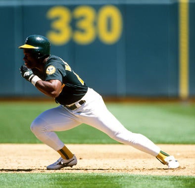 Rickey Henderson of the Oakland Athletics runs the bases during a game at the Oakland Coliseum. BL-053010-R-Henders-01 (Ron Vesely / National Baseball Hall of Fame Library)