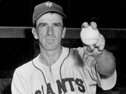Carl Hubbell shows off one of the grips he used for his famous screwball pitch. BL-1498-68-WT (National Baseball Hall of Fame Library)