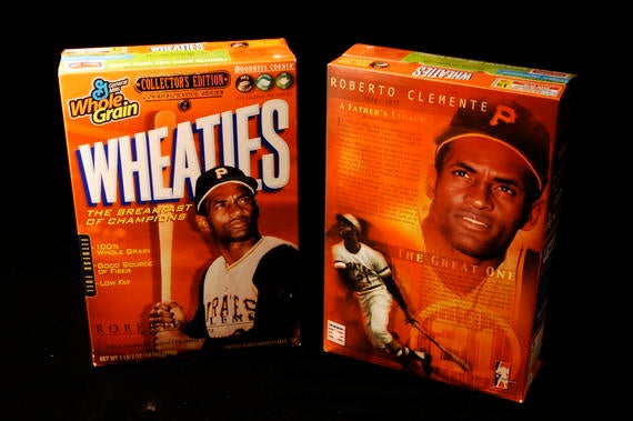 Wheaties cereal box featuring Clemente. (Milo Stewart, Jr., National Baseball Hall of Fame Library)