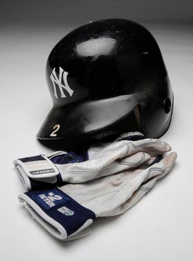 Batting gloves and helmet from Derek Jeter's 3000th hit - BL-136, 137-2001 (Milo Stewart Jr./National Baseball Hall of Fame Library)