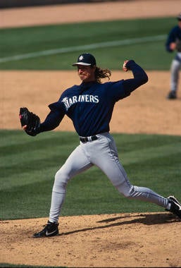 Game-action pitching of Randy Johnson of the Seattle Mariners. - BL-1976-2002-540 (Brad Mangin/National Baseball Hall of Fame Library)