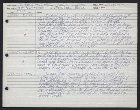 1985 scouting report by Larry Monroe on Randy Johnson. - BL-178.2012 (National Baseball Hall of Fame Library)