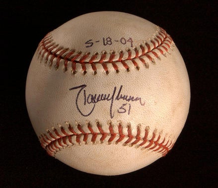 Ball from Randy Johnson's perfect game, a 13-strikeout gem pitched at Atlanta's Turner Field on May 18, 2004. At 40 years of age, the D-backs southpaw broke a record set a century before, when a 37-year-old Cy Young tossed a perfecto on May 5, 1904.