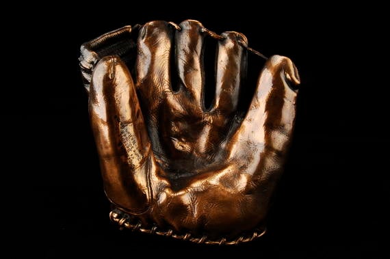 Bronzed glove originally used by Bob Lemon of the Indians during his no-hit game, 6/30/48 - B-3-76 (Milo Stewart Jr./National Baseball Hall of Fame Library)