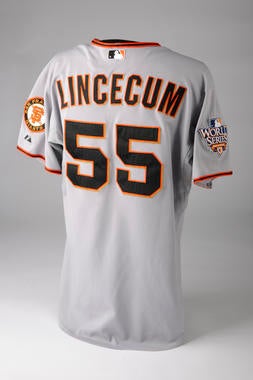 Road jersey worn by San Francisco Giants pitcher Tim Lincecum in Game 5 of the 2010 World Series - B-224-2010 (Milo Stewart, Jr./National Baseball Hall of Fame Library)