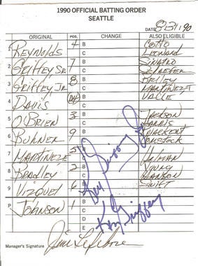 A 1990 lineup card signed by both Ken Griffey Jr. and Sr. when both father and son played for the Seattle Mariners. B-306.90 (National Baseball Hall of Fame Library)