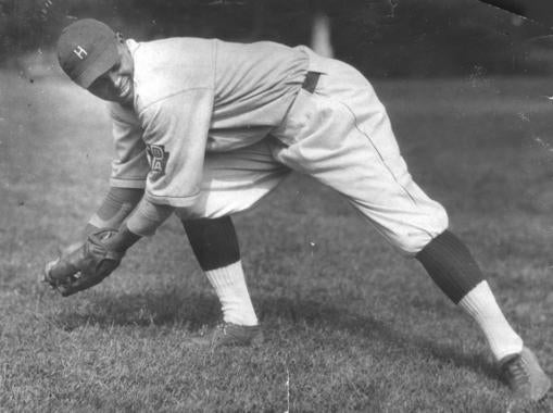 Biz Mackey posed fielding as a Hilldale Giant - BL-5804-79 (National Baseball Hall of Fame Library)