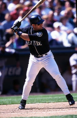 Edgar Martinez of the Seattle Mariners batting in-game, July 5, 1999. - BL-12-2012-1244 (Brad Mangin/National Baseball Hall of Fame Library)