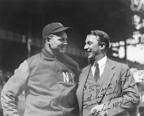 Graham McNamee, right, with future HOFer Waite Hoyt. McNamee later signed the photographed and presumably sent it to Hoyt with his “best wishes.” BL-5061.69 (National Baseball Hall of Fame Library)
