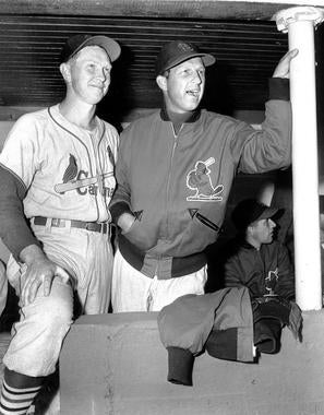 Hall of Fame teammates Red Schoendienst (left) and Stan Musial helped power the Cardinals to a World Series title in 1946. BL-3300-2000 (National Baseball Hall of Fame Library)