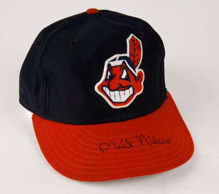 Cleveland Indians uniform cap worn by Phil Niekro facing the Detroit Tigers on June 1, 1987, when he gained his 314th career win, making the Niekro brothers the all-time brother-combined leaders in wins with 530 - B-98-87 (Milo Stewart Jr./National Baseball Hall of Fame Library)