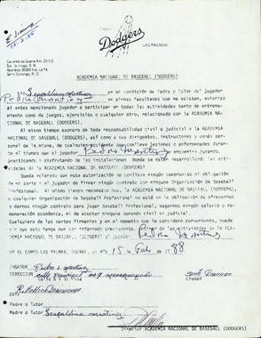 Letter of consent from Pedro Martinez to participate in the Dodgers Academy. - BL-9-2012-3 (National Baseball Hall of Fame Library)