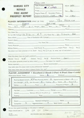 1971 Prospect Report on George Brett from Kansas City Royals scout, Tom Ferrick. BL-2346-2004 (National Baseball Hall of Fame Library)