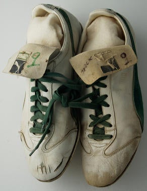 Shoes worn by Oakland A's outfielder Reggie Jackson during the 1973 World Series - B-189-74 (Milo Stewart Jr./National Baseball Hall of Fame Library)