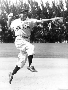 Phil Rizzuto leaps and throws ball - BL-1335-82 (National Baseball Hall of Fame Library)
